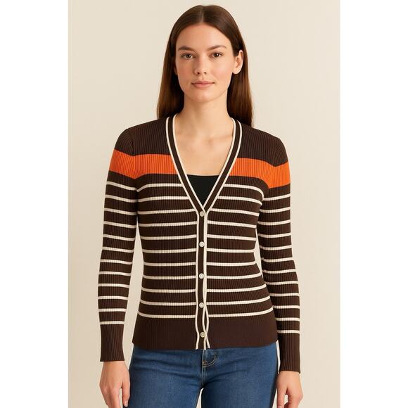 Lauren Ralph Lauren Womens Large Striped Cardigan Sweater Brown Orange White - Picture 1 of 10